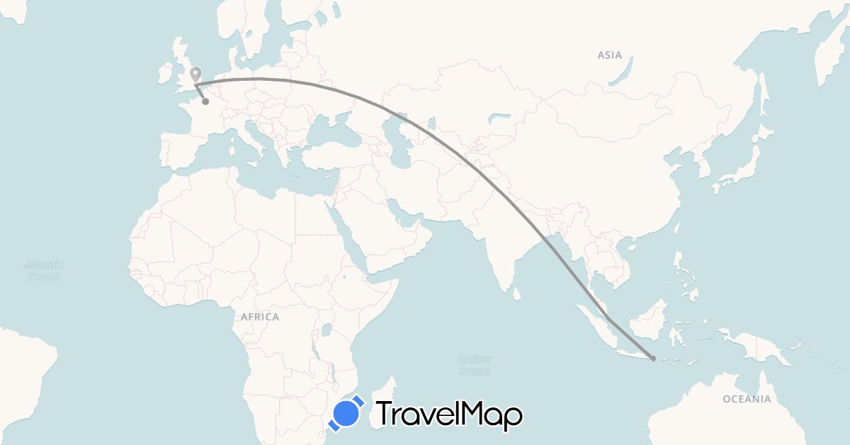 TravelMap itinerary: driving, plane in France, United Kingdom, Indonesia, Singapore (Asia, Europe)
